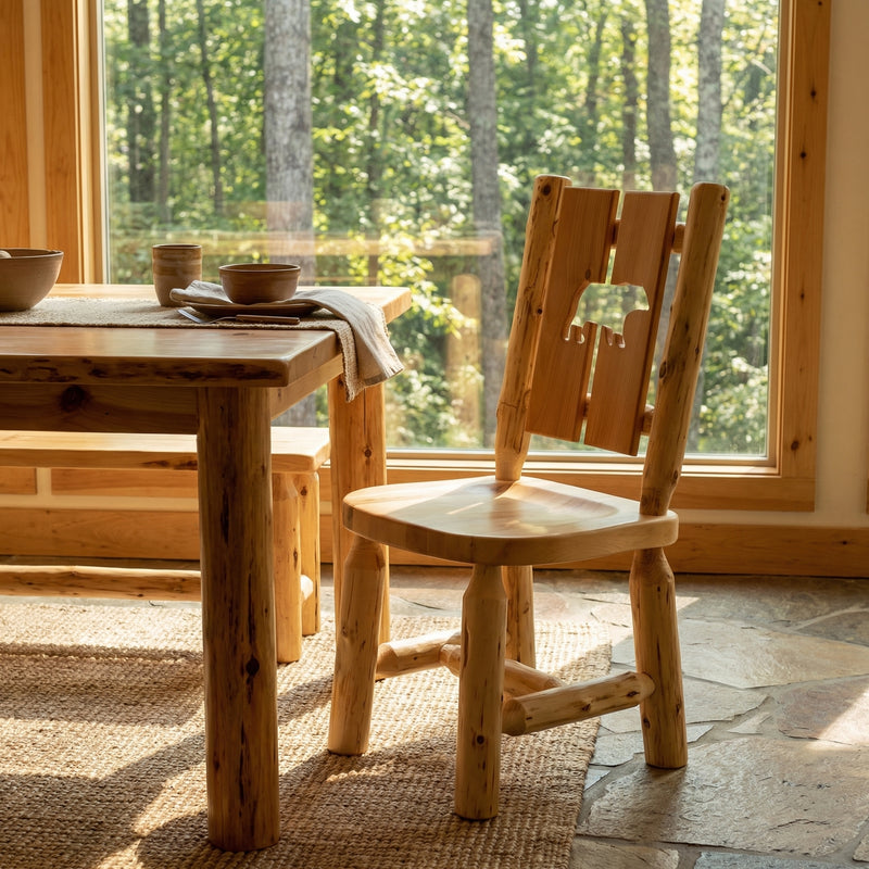 Cascade Mountain Cedar Log Cutout Dining Side Chair with a bear cutout in a rustic dining room