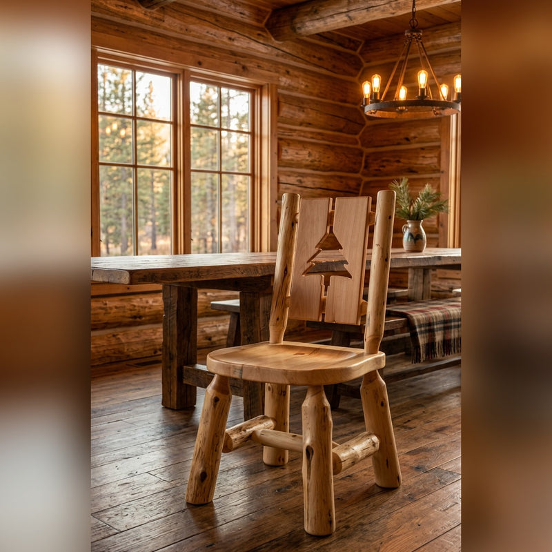 Cascade Mountain Cedar Log Cutout Dining Side Chair in a sunlit log cabin dining room