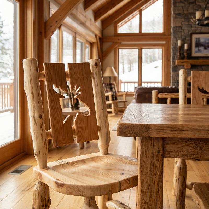 Cascade Mountain Cedar Log Cutout Dining Side Chair with a moose cutout at a log dining table