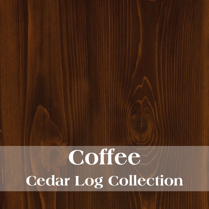 Wooden surface with 'Coffee Cedar Log Collection' text overlay