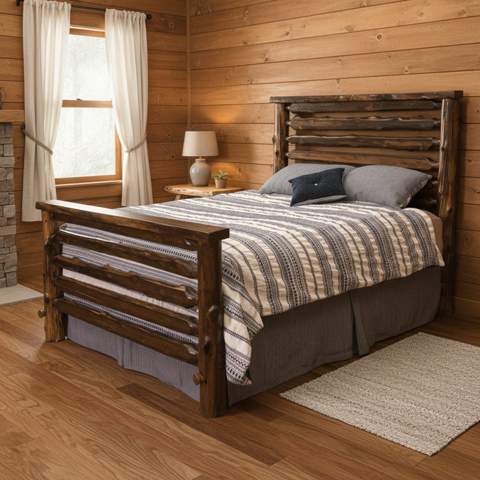 Cascade Valley cedar log bed in coffee finish styled in a rustic cabin bedroom