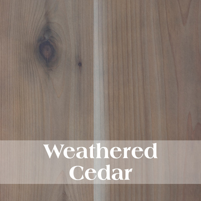 Close-up of weathered cedar wood texture with the text 'Weathered Cedar' overlayed.