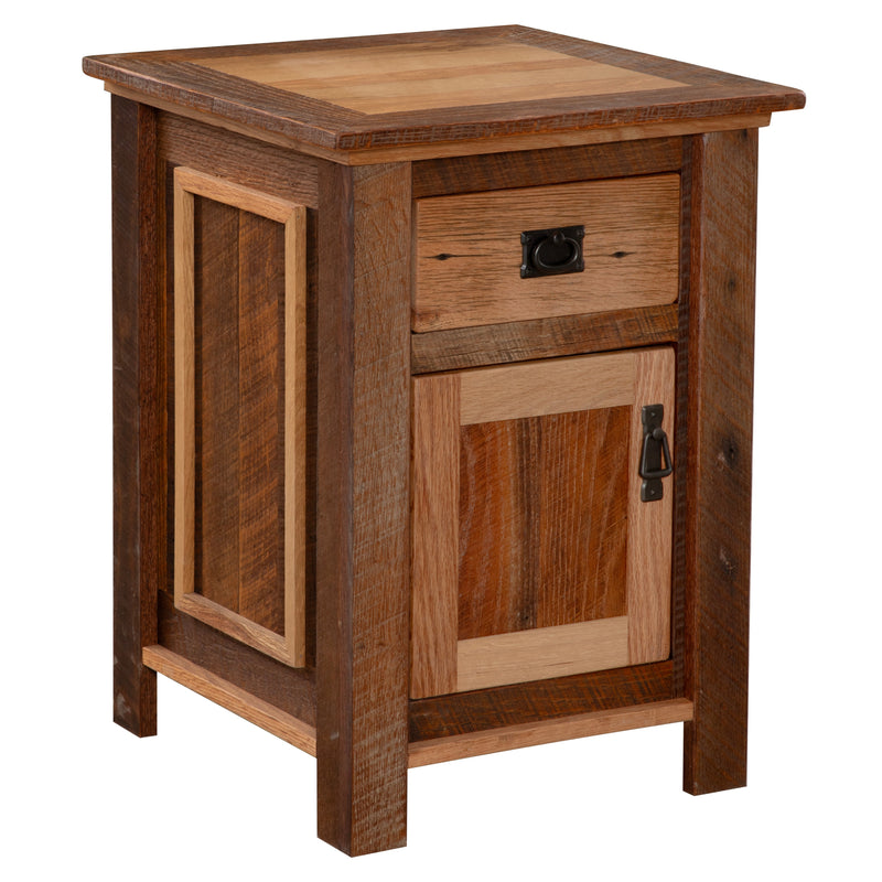Angled view of the Casco Peak Reclaimed Barnwood Enclosed Nightstand