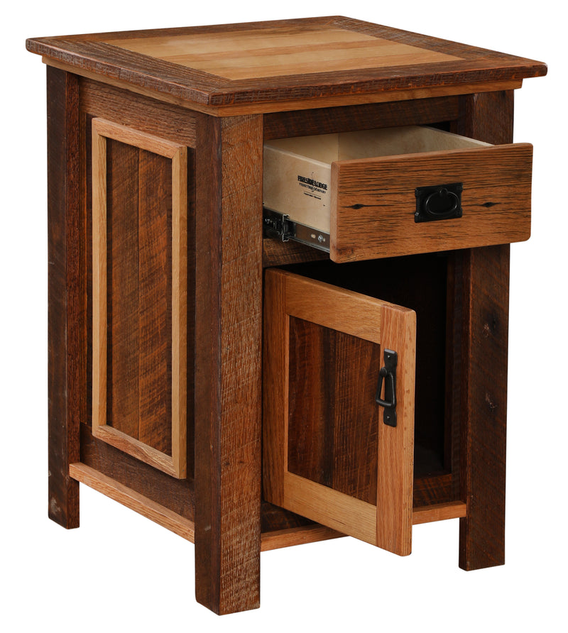 Casco Peak Reclaimed Barnwood Enclosed Nightstand with the drawer and door open