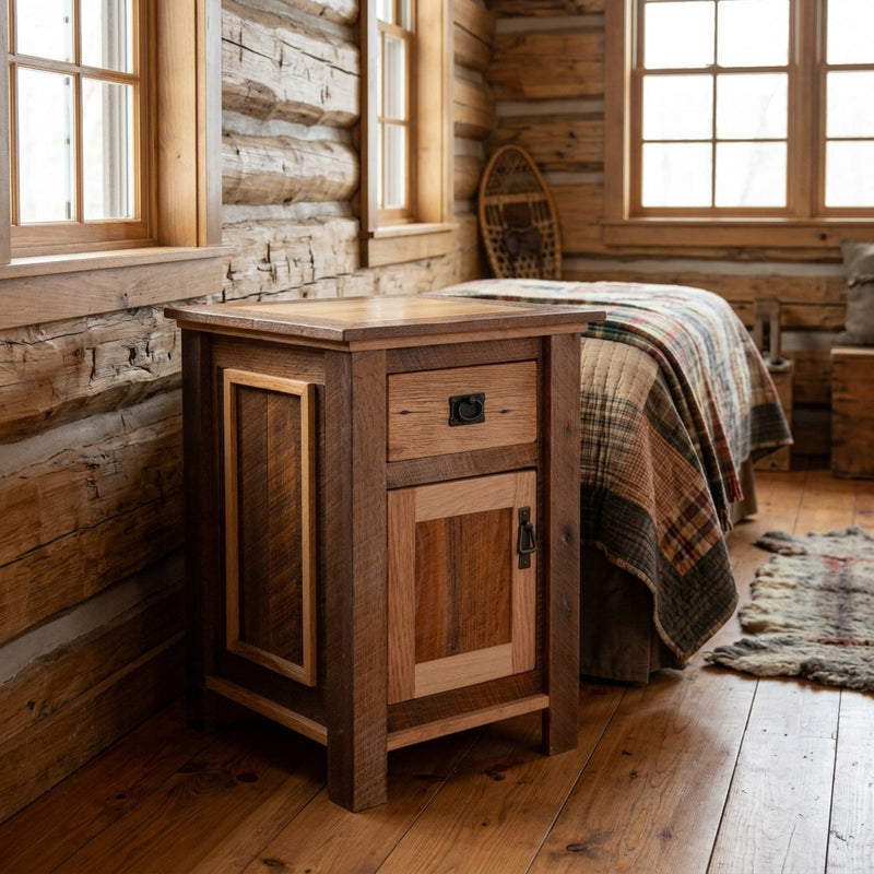 Casco Peak Reclaimed Barnwood Enclosed Nightstand staged in a sunlit log cabin bedroom