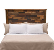Front view of the Castle Peak Barnwood Patchwork Headboard styled with white pillows and tan bedding