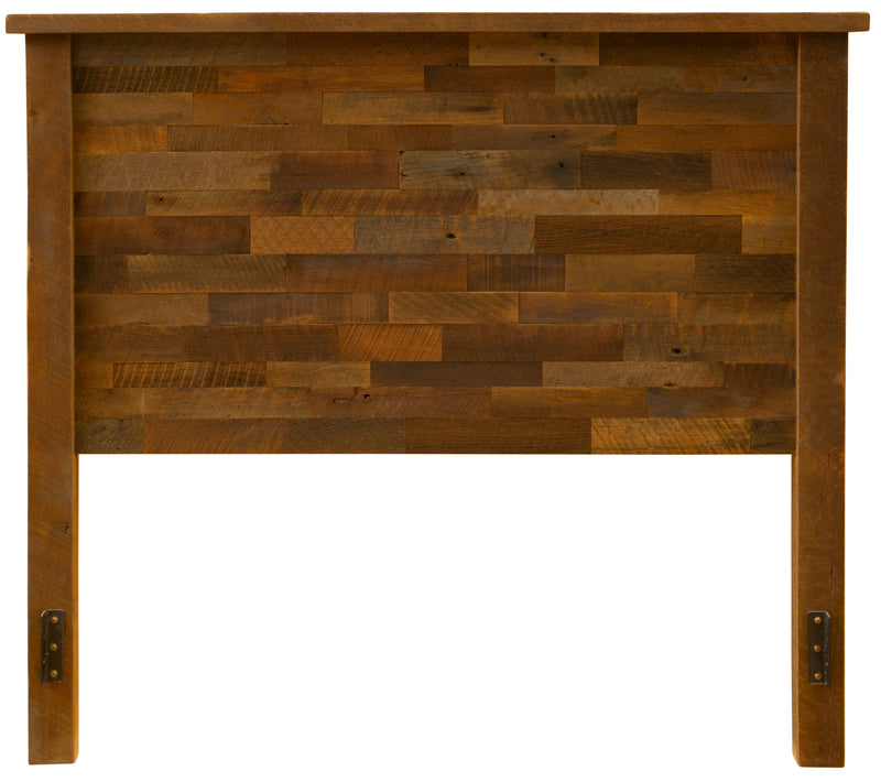 Front view of the Castle Peak Barnwood Patchwork Headboard showing multi-tone reclaimed oak patchwork planks and timber posts
