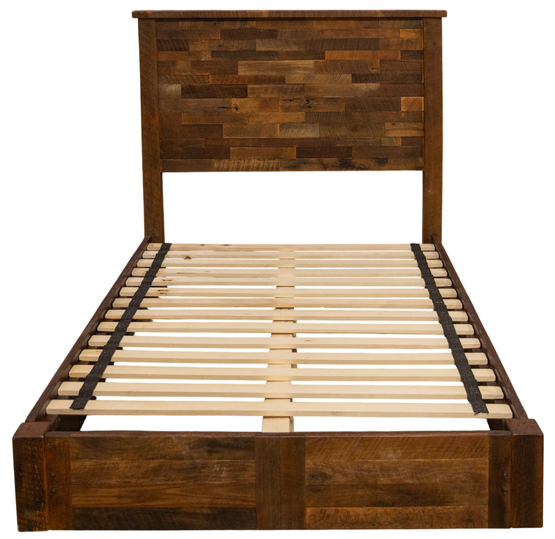 Front view of the Cathedral Peak Reclaimed Barnwood Plank Platform Bed