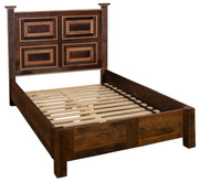 Angled view of the Centennial Peak Reclaimed Barnwood Framed Panel Bed with Rail System