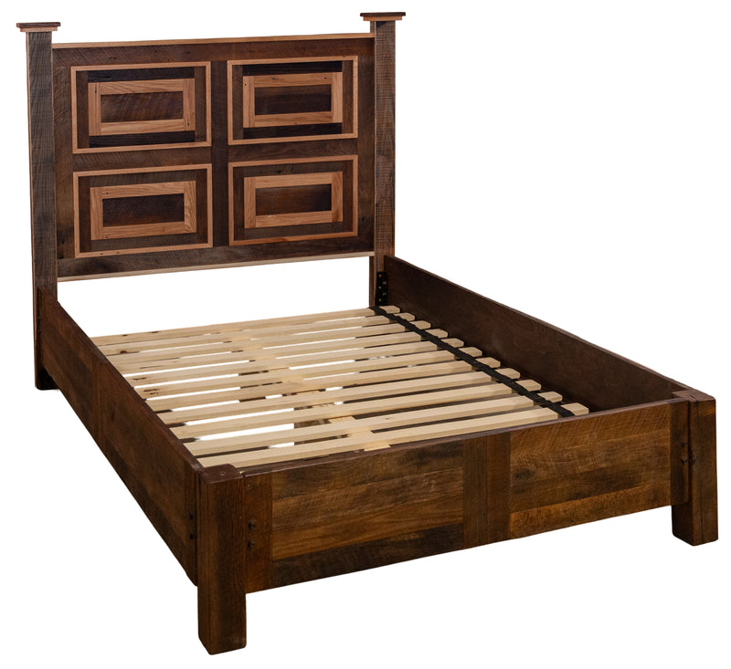 Angled view of the Centennial Peak Reclaimed Barnwood Framed Panel Bed with Rail System