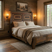 Centennial Peak Reclaimed Barnwood Framed Panel Bed with Rail System with layered bedding in a cozy bedroom