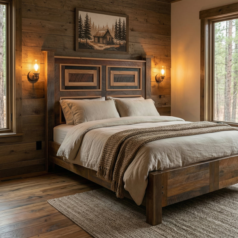Centennial Peak Reclaimed Barnwood Framed Panel Bed with Rail System with layered bedding in a cozy bedroom