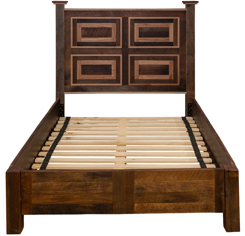 Front view of the Centennial Peak Reclaimed Barnwood Framed Panel Bed with Rail System