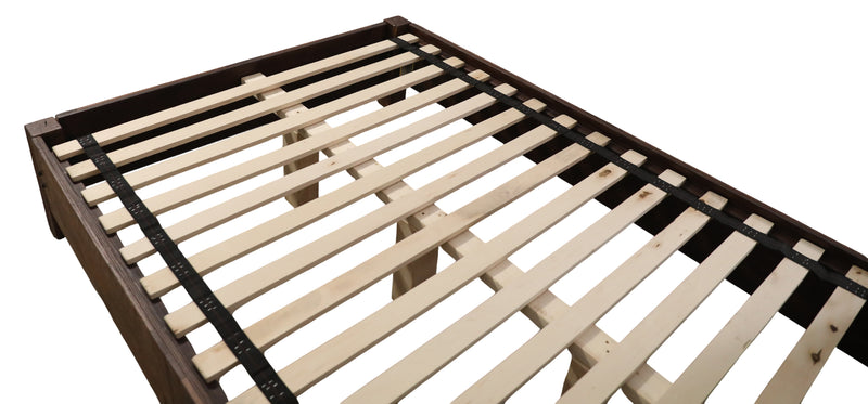 Bed rail and slat detail of the Centennial Peak Reclaimed Barnwood Framed Panel Bed with Rail System