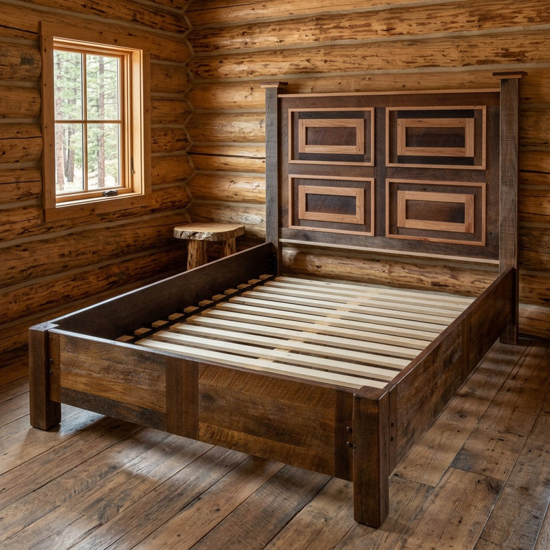 Centennial Peak Reclaimed Barnwood Framed Panel Bed with Rail System staged in a sunlit log cabin bedroom