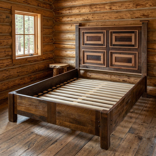 Centennial Peak Reclaimed Barnwood Framed Panel Bed with Rail System staged in a sunlit log cabin bedroom