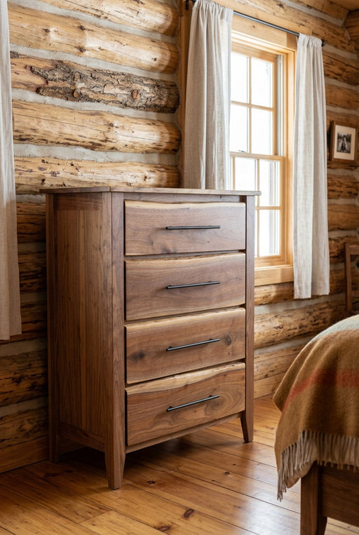 Chair Mountain Live Edge Walnut Four Drawer Chest staged in a sunlit log cabin bedroom