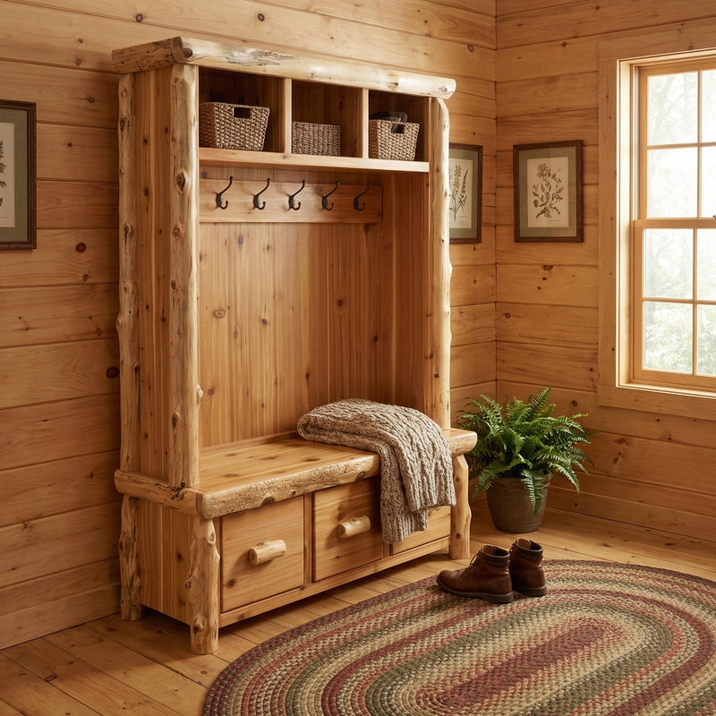 Challenger Point Cedar Log Entry Locker in a rustic cabin entryway