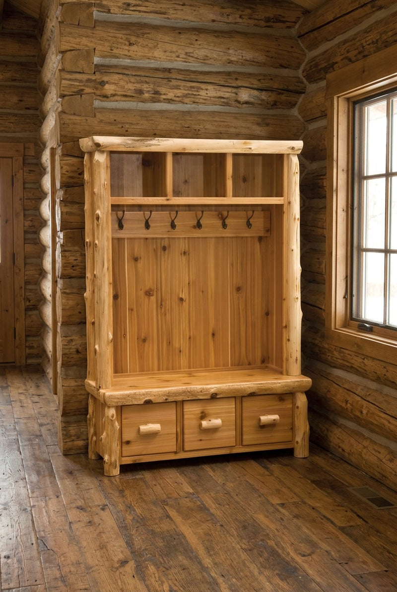 Challenger Point Cedar Log Entry Locker staged in a sunlit log cabin entryway
