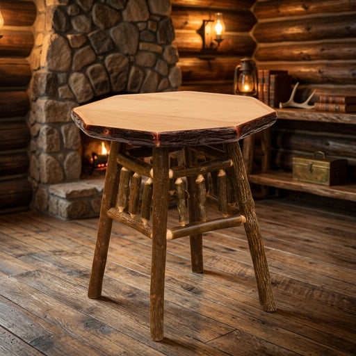 Chief Cheley Peak Hickory Log Twig Octagon End Table in a rustic log cabin living room