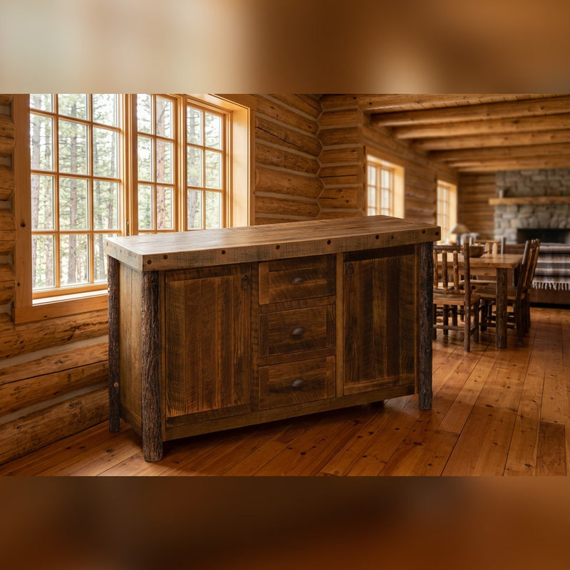 Chief Mountain Barnwood and Hickory Sideboard staged in a sunlit log cabin dining room