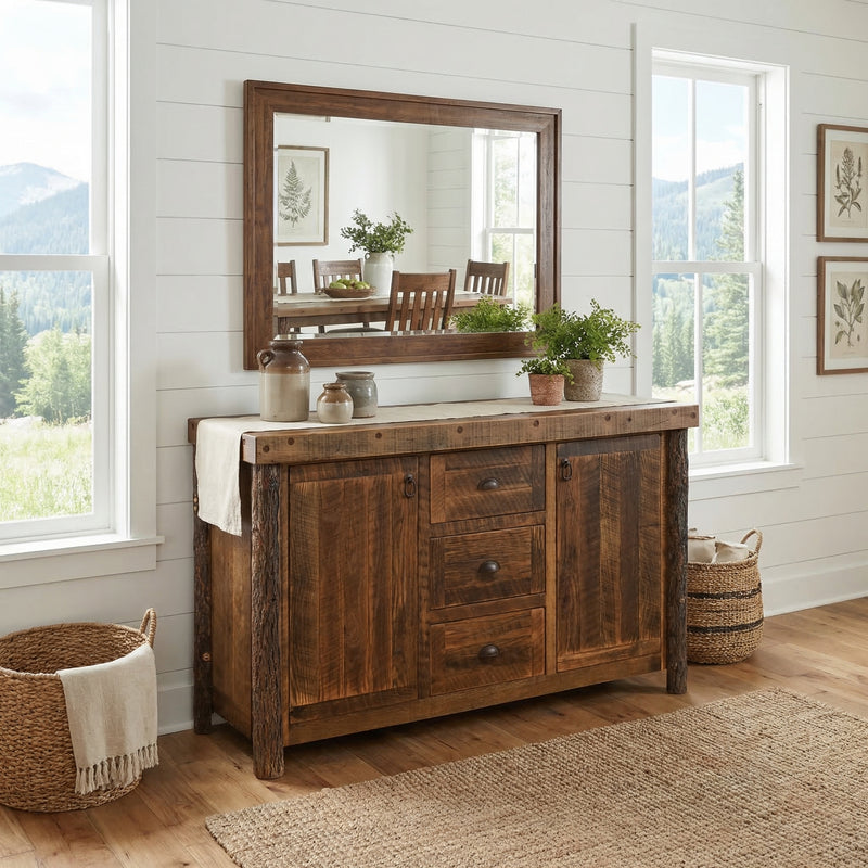 Chief Mountain Barnwood and Hickory Sideboard in a bright cabin dining room