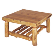 Angled view of the Chiefs Head Peak Cedar Log Square Coffee Table showing the slatted lower shelf