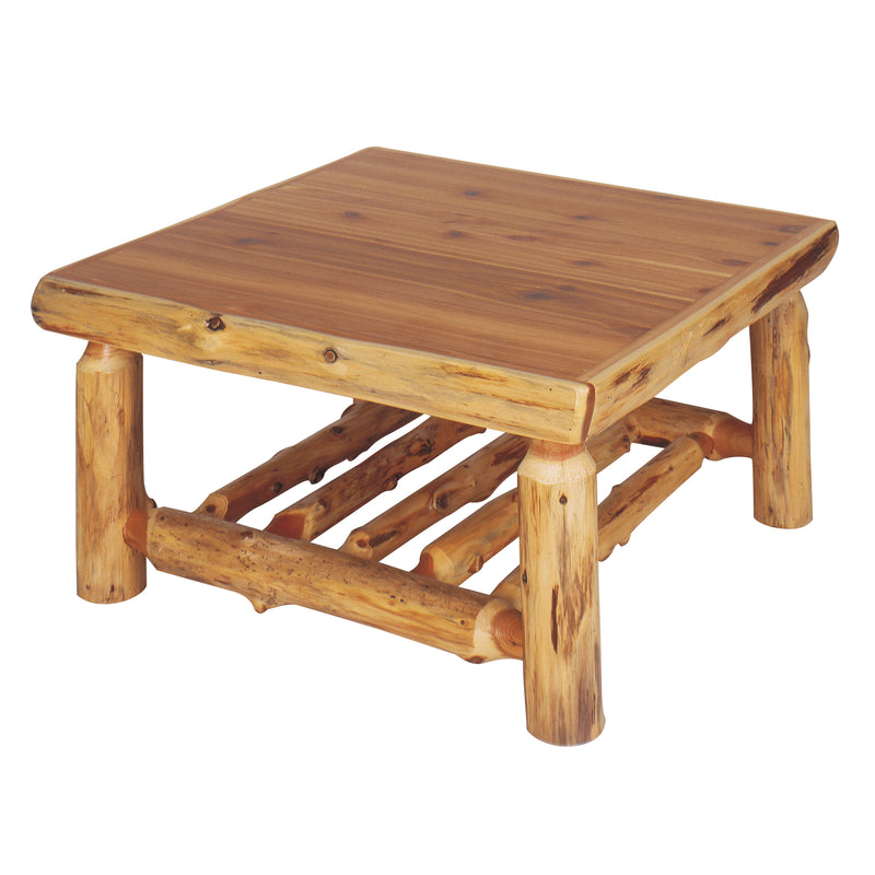 Angled view of the Chiefs Head Peak Cedar Log Square Coffee Table showing the slatted lower shelf