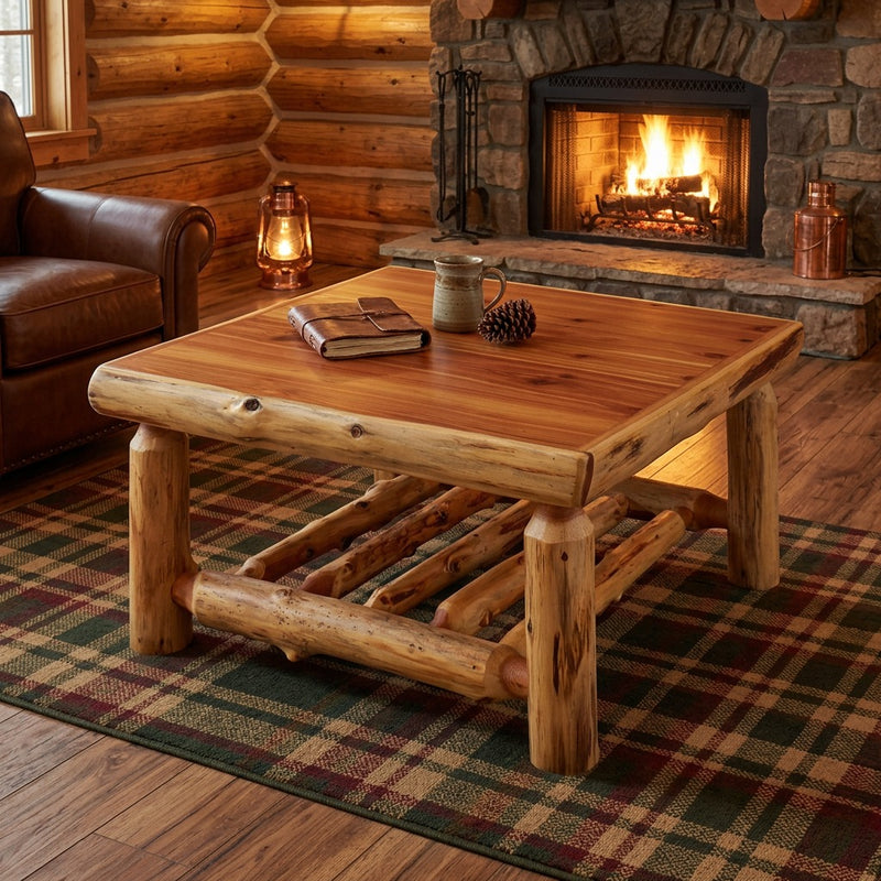 Chiefs Head Peak cedar log square coffee table staged on a plaid rug before a log cabin fireplace