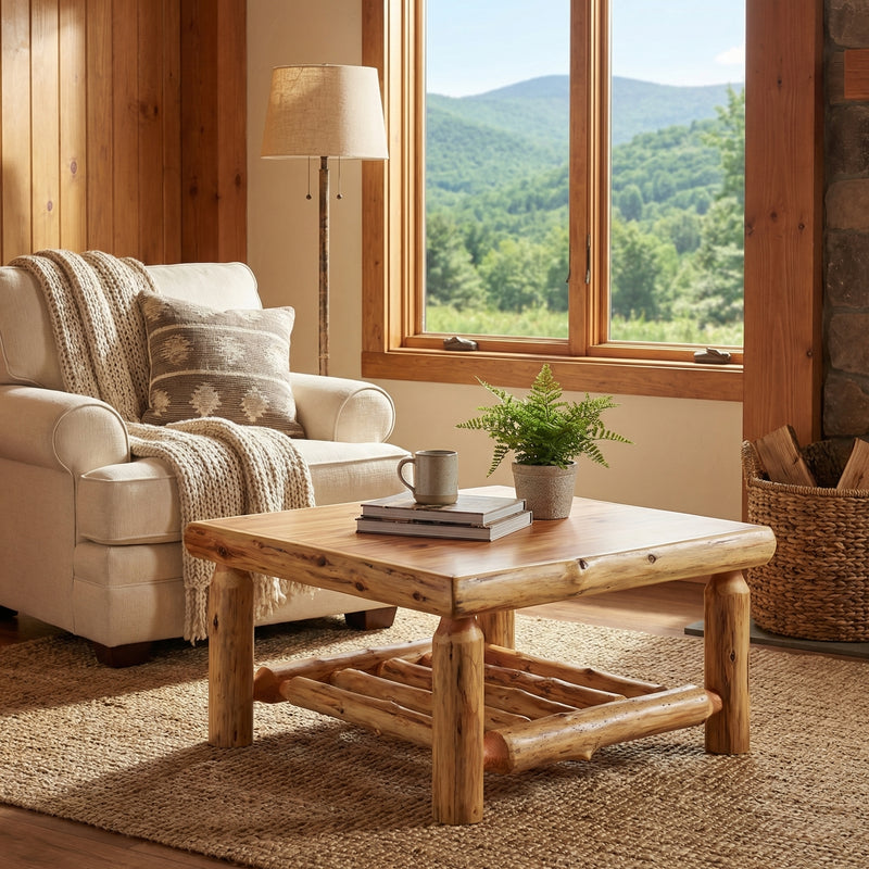 Chiefs Head Peak Cedar Log Square Coffee Table in Natural before a cream armchair near a window with mountain views