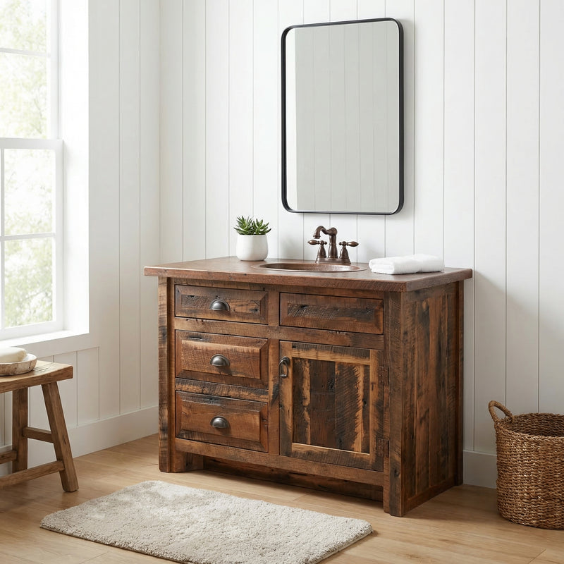 Chipeta Mountain Reclaimed Barnwood Vanity with Laminate Top in the 36-inch sink-right layout in a bathroom