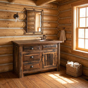 Chipeta Mountain Reclaimed Barnwood Vanity with Laminate Top staged in a sunlit log cabin bathroom