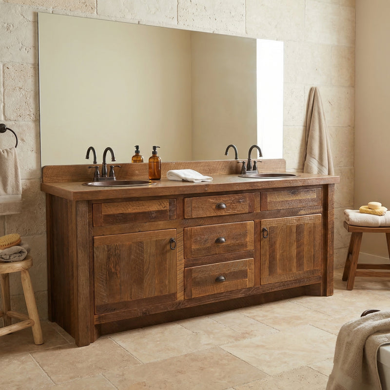 Chipeta Mountain Reclaimed Barnwood Vanity with Laminate Top in the 72-inch double-sink layout in a bathroom