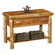 Angled view of the Cirque Mountain Cedar Log Two Drawer Open Vanity shown with a top and sink