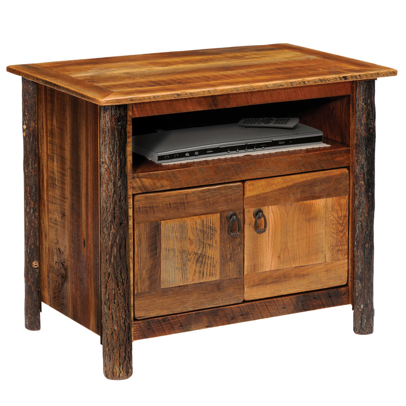 Angled view of the Cirrus Mountain Barnwood and Hickory TV Stand showing the cubby, cabinet, and hickory posts