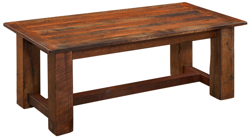 Angled view of the Clark Peak Reclaimed Barnwood Rectangle Coffee Table showing the planked top and square legs