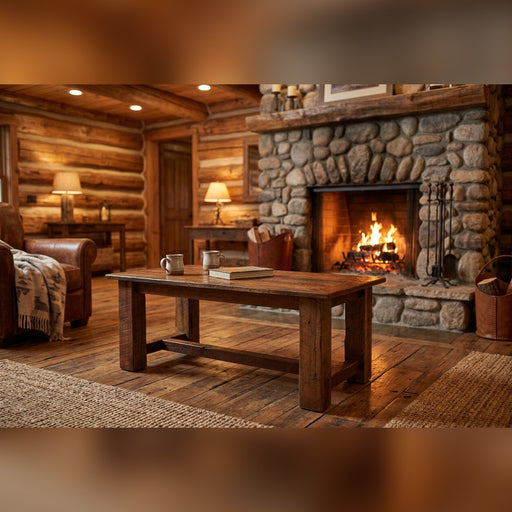 Clark Peak reclaimed barnwood rectangle coffee table staged before a stone fireplace in a log cabin living room