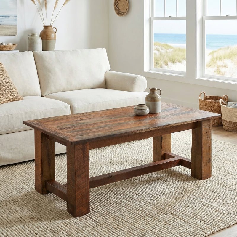Clark Peak Reclaimed Barnwood Rectangle Coffee Table in front of a white sofa in a sunny living room