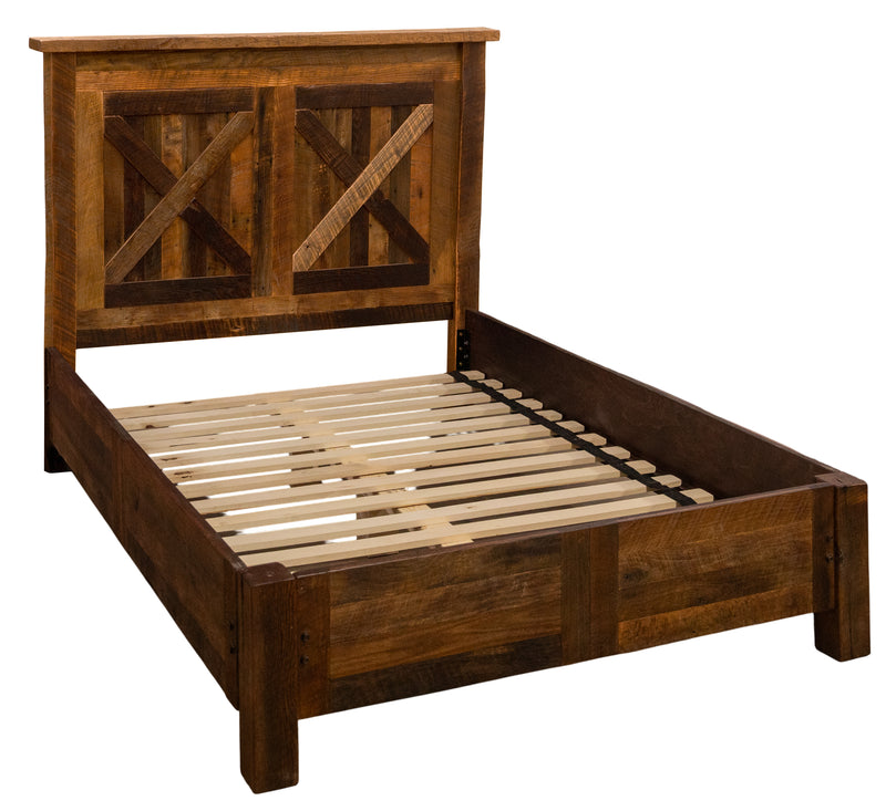 Angled view of the Cleveland Peak Barnwood Barn Door Bed with Rail System