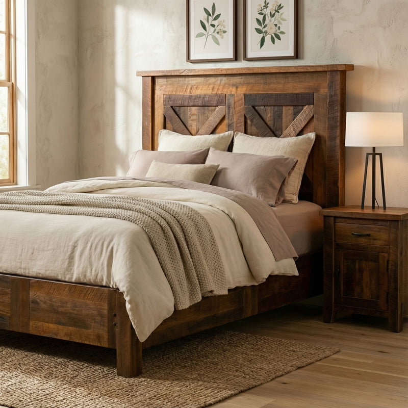 Cleveland Peak Barnwood Barn Door Bed with Rail System with layered bedding in a cozy bedroom