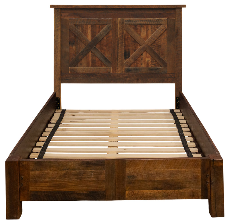 Front view of the Cleveland Peak Barnwood Barn Door Bed with Rail System