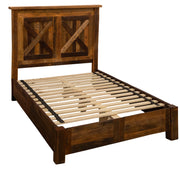 Second angled view of the Cleveland Peak Barnwood Barn Door Bed with Rail System showing the rail system and slats