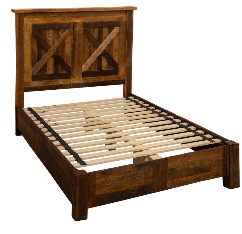 Second angled view of the Cleveland Peak Barnwood Barn Door Bed with Rail System showing the rail system and slats