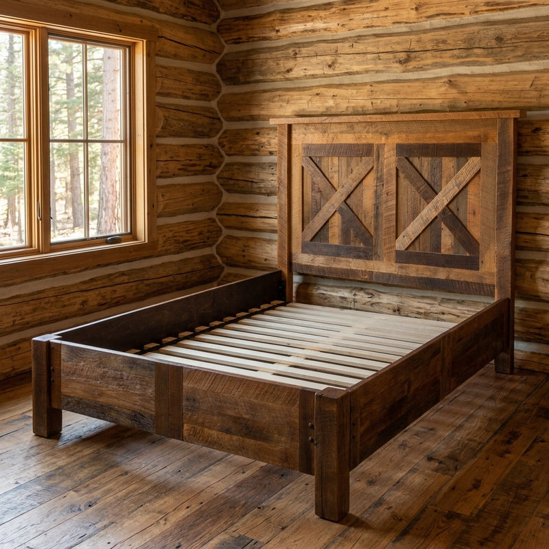 Cleveland Peak Barnwood Barn Door Bed with Rail System staged in a sunlit log cabin bedroom
