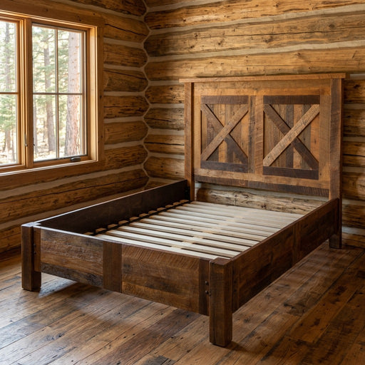 Cleveland Peak Barnwood Barn Door Bed with Rail System staged in a sunlit log cabin bedroom