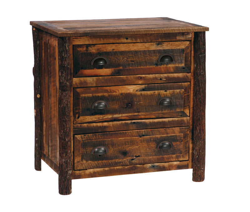 Angled view of the Clinton Peak Barnwood Nightstand showing three drawers with dark pulls and hickory log posts