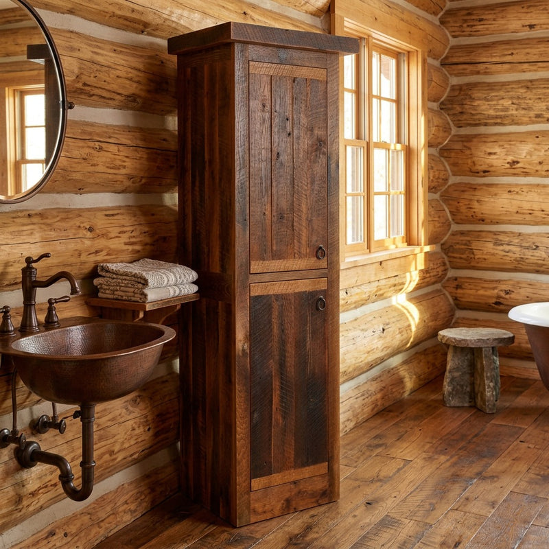 Clover Mountain Reclaimed Barnwood Linen Cabinet staged in a sunlit log cabin bathroom