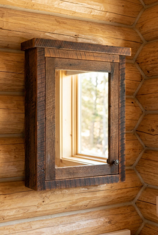 Collier Mountain Reclaimed Barnwood Medicine Cabinet staged in a sunlit log cabin bathroom