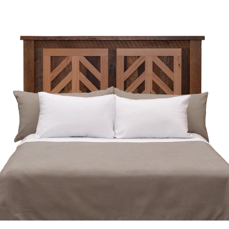 Front view of the Columbia Point Reclaimed Barnwood Chevron Headboard with white pillows