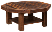 Angled view of the Comanche Peak Reclaimed Barnwood Octagon Coffee Table showing the octagon top and lower shelf